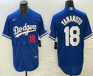 Mens Los Angeles Dodgers #18 Yoshinobu Yamamoto Number Blue Stitched Cool Base Nike Jersey